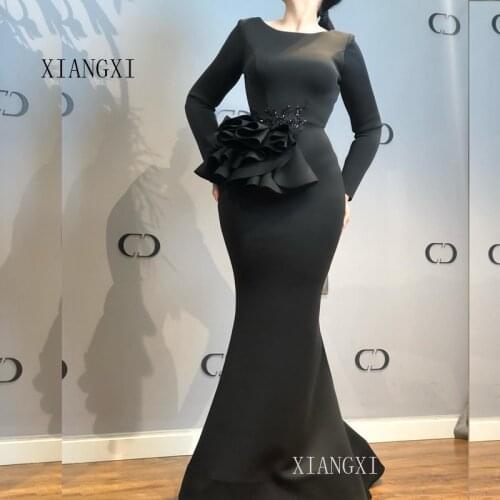 Black Mermaid Evening Dresses Embroidery Flower Beaded Full Sleeves Floor Length Formal Gowns Long Evening Dress