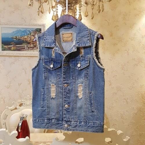 Denim Vest Women Short Ripped Waistcoat Casual Jean Cardigan Loose Sleeveless Jacket Vintage Jeans Vest Female Plus Size HOWDFEO