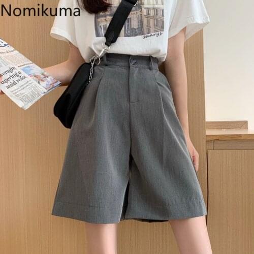 Nomikuma Korean Causal High Waisted Women Suit Half Pants 2021 Summer New Solid Trousers Femme Wide Leg Knee-length Pants 6J546