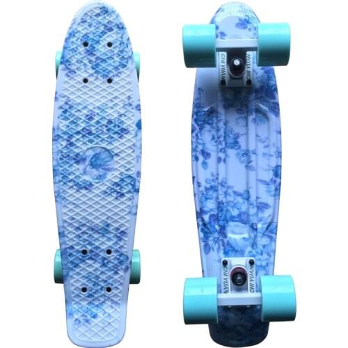 CHI YUAN Blue Floral Graphic Printed Mini Cruiser Skateboard 22" X 6" Retro Plastic Longboard Skate Long Board