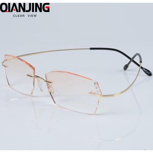 QIANJING Luxury Rhinestone Reading Glasses Men Diamond Cutting Rimless Glasses High Clear Womens Readers Presbyopic Eye Glasses