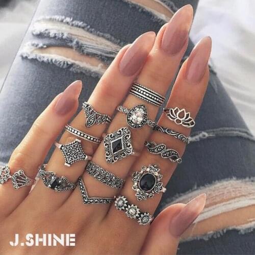 JShine 15Pcs/Sets Lotus Flowers Black Enamel Antique Silver Color Crystal Midi Finger Rings Sets for Women Wedding Rings Jewelry