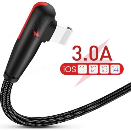 3A L-shape Nylon USB Cable For iPhone 12 11 Pro XS Max XR X 8 7 6 6S 5S se Fast Charger 90 Degree USB Wire Cord Phone Cable