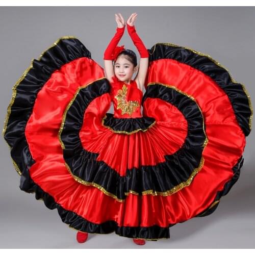2020 New Spanish Costume Girl Long Red Flamenco Dress Costumes for Kids Clothes Ballroom Skirt for Girls Child Dance Dresses
