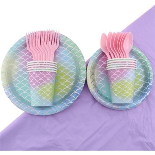 51Pc/Set Mermaid Theme Disposable Tableware Baby Shower Birthday Decoration Napkins Plates Fork Spoons Tablecloth Party Supplies