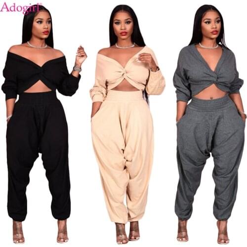Adogirl Autumn Women Solid Two Piece Set Cross Twist Off Shoulder Long Sleeve Shirt Crop Top Drop Crotch Haren Pants Tracksuit