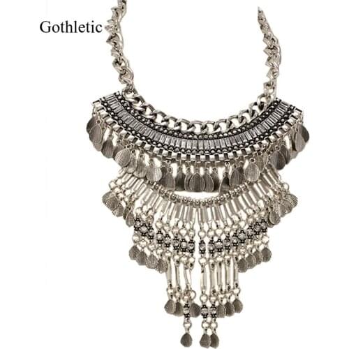 Gothletic Antique Silver Color Heavy Metal Maxi Bib Necklace Large Statement Choker Necklace for Women Collar Vintage Jewelry