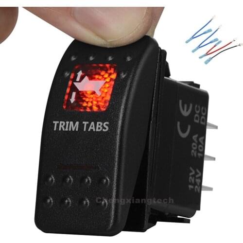 Printed Rocker Switch Trim Tabs Red Led 7 pins Momentary ON/OFF / Momentary ON DPDT Waterproof Car Boat 12v/24v+Jumper Wires Set