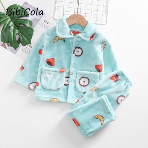 Infant Kids Baby Girls Boys 2Pcs Coral Fleece Pajama Sets Long Sleeve Jacket + Pants With PocketsCartoon Print Sleepwear 2-7Y