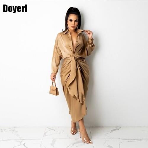 Fashion Ruched Bodycon Party Dresses Women Evening Elegant Satin Dress Sexy Silk Long Sleeve Button Up Shirt Dress Clubwear