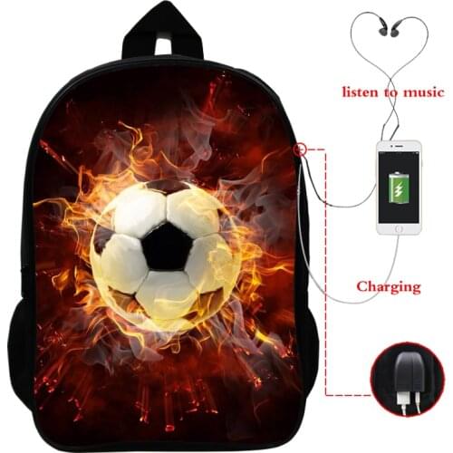 3D Soccer Football Ball Printed Boy Mochila Backpack with USB Charger Backpack Children Escolar Infant Teenager Junior Schoolbag