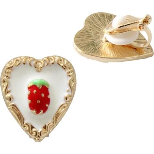 Gold Color Enemal White Heart Shape No Hole Earrings Red Strawberry Clip Earrings For Women Girls Non Piercing