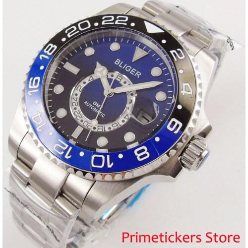 Blue black dial 43mm sapphire crystal BLIGER automatic mens watch GMT blue black bezel