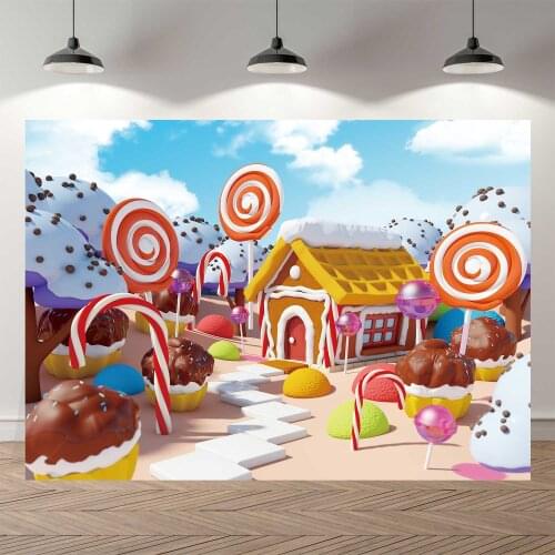 Neoback Candy Land Landscape Gingerbread House A Sweet Forest Fairy Tale Backdrop Cupcake Baby Kids Birthday Party Banner