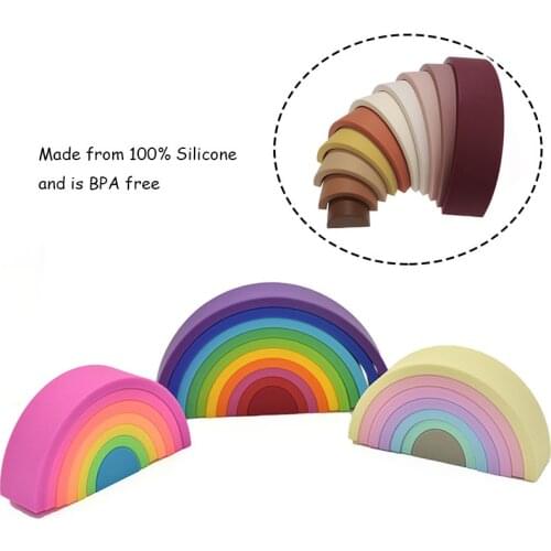 TYRY.HU 7-10Pc/Set Cartoon Rainbow Silicone Jenga BPA-Free Baby Silicone Teether 3D Folding Building Block Educational Toys