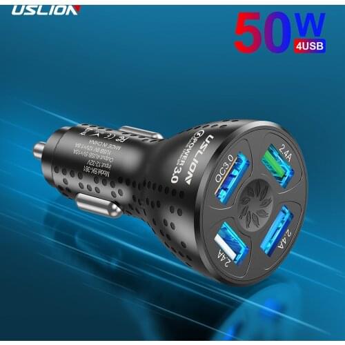 USLION USB Fast Car Charger 50W Quick Charge QC 3.0 4.0 Car Adapter For iphone 13 Mobile Phone Universal Car Charge For Xiaomi