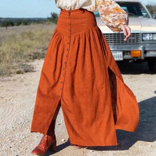 Foridol high waist slit long skirt women 2021 autumn button maxi split orange skirt bottoms casual black cotton skirt faldas