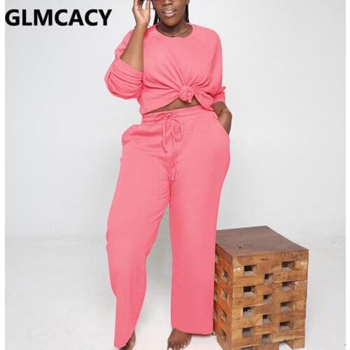 Women Two Piece Casual Suits Long Sleeve O Neck Shirt & Regular Solid Pants Set