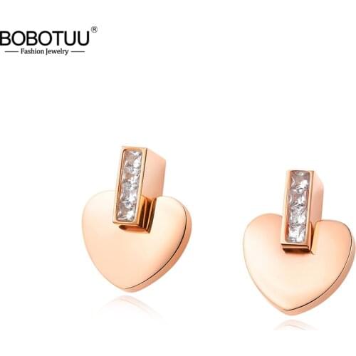 BOBOTUU Rose Gold Cubic Zirconia Women Wedding Stud Earrings Jewelry Stainless Steel Cute Never Fade Heart Earrings BE17121