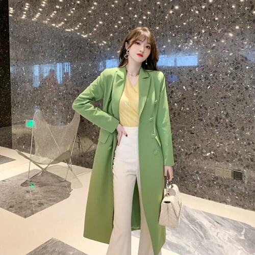 2021 New Fashion Korean Style Singer Breasted Streetwear Arrival Spring Winter Green Long Casual Blazer Coat Jacket for Women