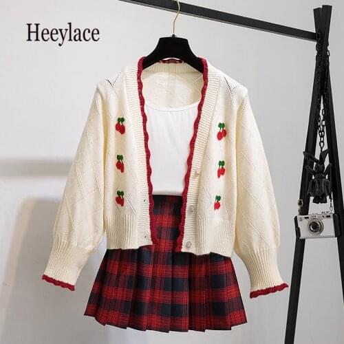 Korean Sweet 3 Pieces Set For Women Kawaii Cherry Embroidery Knitted Sweater Cardigan+Vest+Plaid Pleated Skirts Suits Student