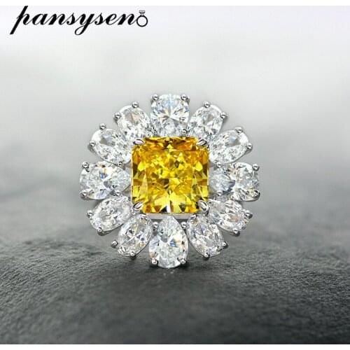 PANSYSEN 925 Sterling Silver Big Flower Finger Ring High Quality Citrine Simulated Moissanite Gemstone Rings for Women Wholesale