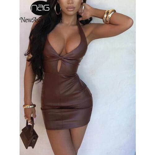 NewAsia Halter Leather Dress Cut out Zipper Brown PU Bodycon V Neck Sleeveless Mini Dress Fall Sexy Party Dresses for Women 2021