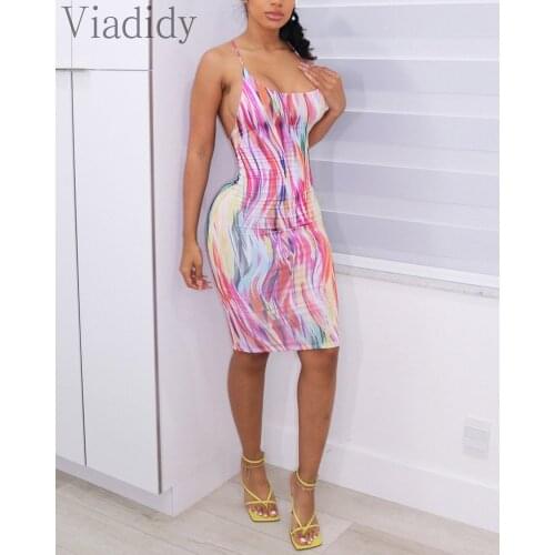 Summer New Women Tie Dye Print Spaghetti Strap Ruched Sleeveless Backless A-Line Dress