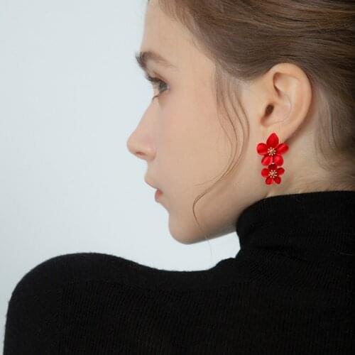 1Pair Elegant Vintage Colorful Double Flower Drop Earrings Wedding Dangle Bohemian Birthday Party Fashion Jewelry Gift For Women