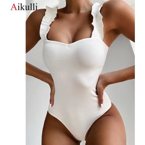 2021 Sexy One Piece Swimsuit Women Wood Ear Ruffle Solid Swimwear Push Up Monokini Swim Bathing Suits Summer Beach Wear Swimming