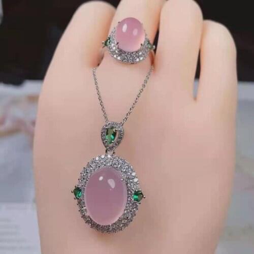 2021 Fine Jewelry 925 Mosaic Egg Face High Ice Chalcedony Pendant Ring 2 Sets