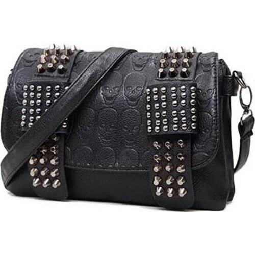 2021 Summer Black Rivet Women Bag Ladies PU Leather Skull Shoulder Bags Punk Style Crossbody Bags for Women Chains Messenger Bag