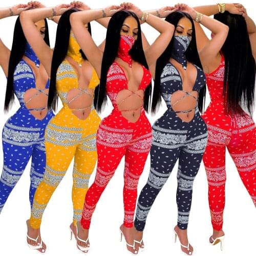 Adogirl Fashion Print Hollow Out Jumpsuit Bandana Scarf Two Piece Set Women Sexy Sleeveless Romper Pencil Pants Streetwear