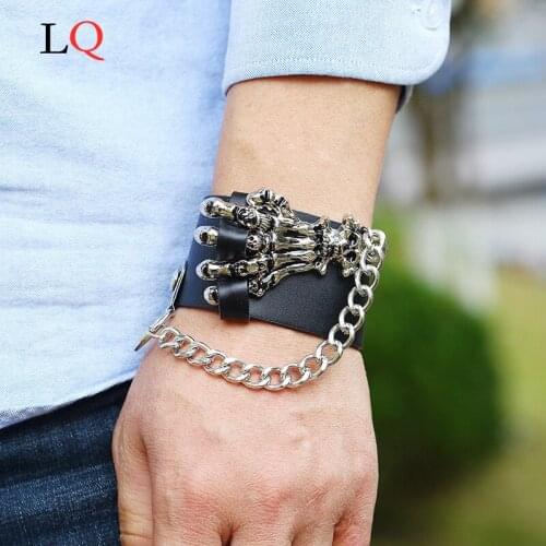 Wristband Exaggerated Personality Hand Skeleton Wide Black Leather Bracelet Wrap Chains Charms Bracelets for Men Skeleton Gift
