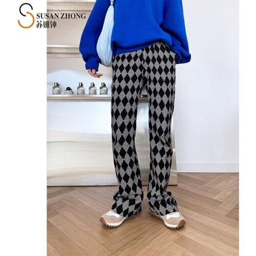 Women Trousers Female Pants Long 2021 Spring Summer Elegant Office Minimalist Loose Straight Elastic Waist Diamond Check Pockets