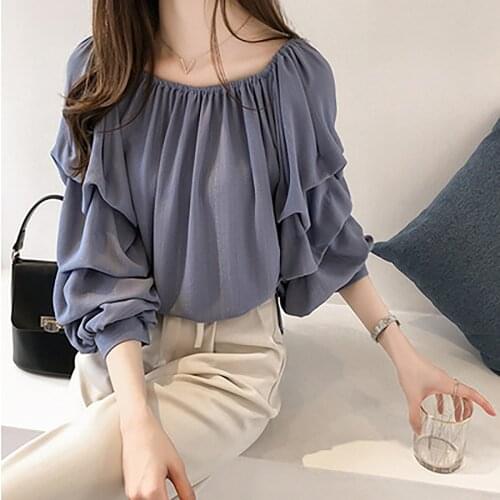 Elegant Chiffon Blouse Womens Autumn Solid Color Off-shoulder Ruffle Tunics Plus Size One-neck Casual Shirt Рубашка Женская