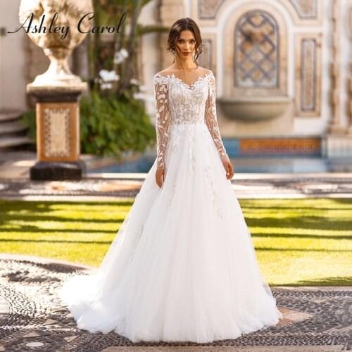 Ashley Carol A-Line Wedding Dress 2021 Classy V-Neck Delicate Beading Embroidery Bride Long Sleeve Beach Tulle Bridal Gown