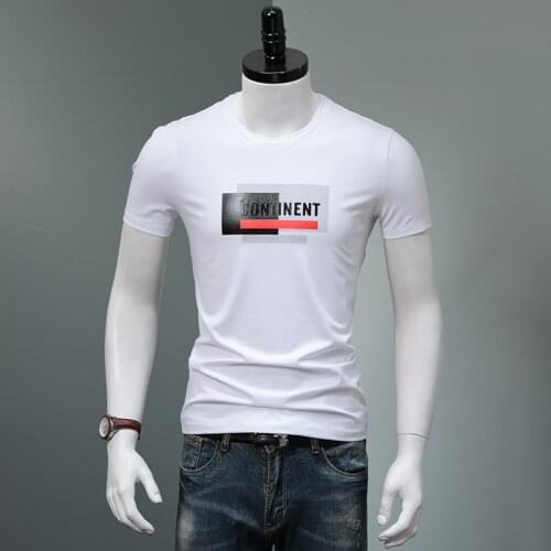 Mens White O-Neck Short Sleeve T Shirt Summer Fashion Geometric Printed T-Shirts Mens Cotton Stretch Slim Fit Tshirt Size S-4XL