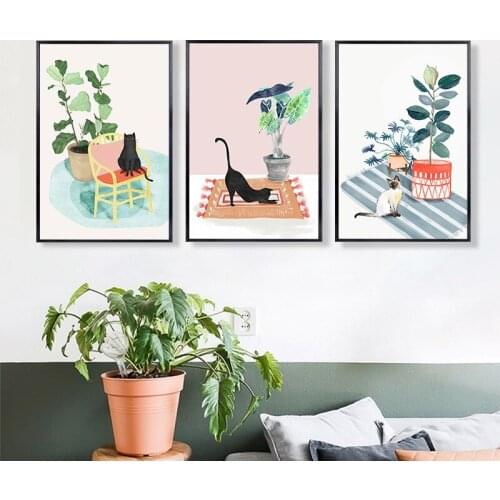 Modern Canvas Painting Siamese Cat Near The Green Plant Wall Art Poster And Print Kids Room Living Room Home Decor No Frame