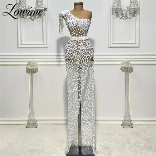 Lowime Illusion Pearls One Shoulder Evening Dresses 2021 Custom Made Mermaid Party Dress Plus Size Beaded Celebrity Dress Robes
