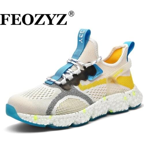 FEOZYZ Mens Breathable Sneakers Popcorn Sole Plus Large Size 45 Fabric Mesh Sport Shoes Light Fashion Running Shoes