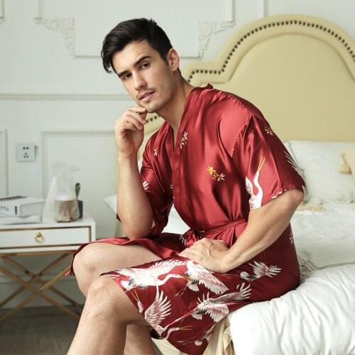 Male Intimate Lingerie Silky Black Groomsman Robe Casual Kimono Bathrobe Gown Satin Print Nightwear Home Clothes Sexy Sleepwear