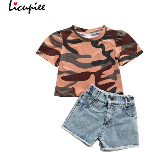 1-6 Years Floral Clothes Kid Short Sleeve + Shorts, Camouflage Print High Waist Casual Style Loose Version Summer Clothing
