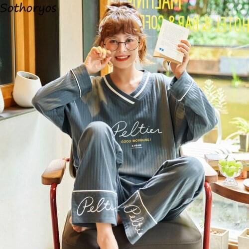 Pajama Sets Women Long Sleeve V-neck Spring Autumn Casual Sleepwear Home Lounge Wear Loose Plus Size M-3XL Korean Style Printed