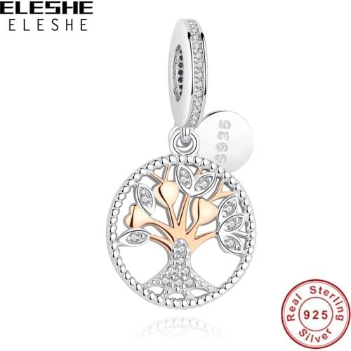 ELESHE Pure 925 Sterling Silver Tree of Life Dangle Charm Rose Gold Crystal Beads fit Women Bracelets DIY Jewelry Christmas Gift