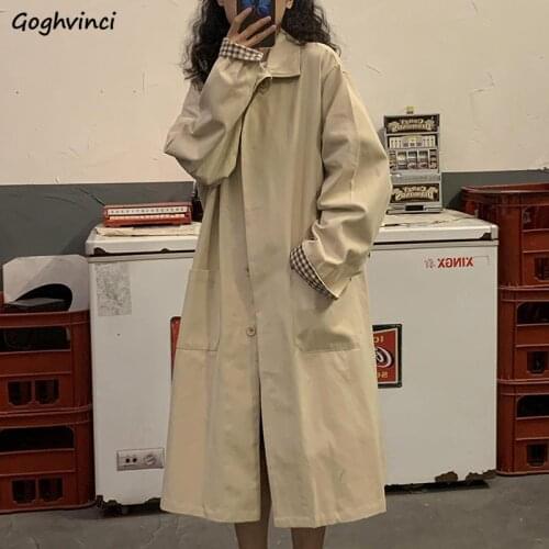 Women Trench Solid Color Long Style Coat Single Breasted A-line Turn-down Collar Casual Loose Korean Style Daily Outwear Fashion