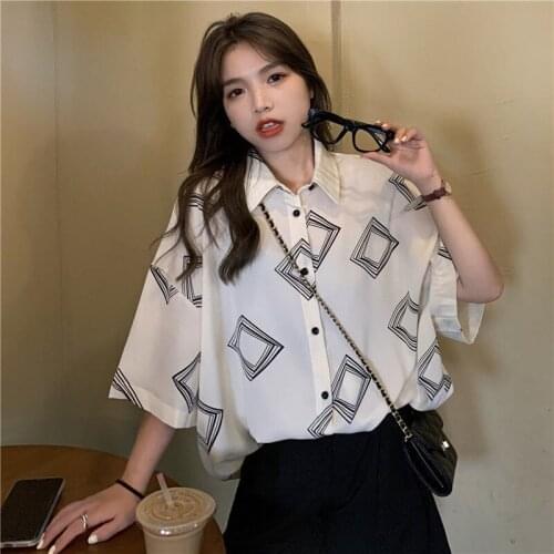 Zadily 2021 Summer Women Turn-down Collar X-long Shirt Casual Geometric Shirt Single Breasted Loose Straight Blouse