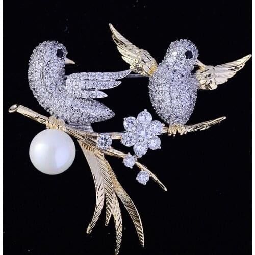 Creative Double Love Bird Brooches Pins Fashion Crystal Animals Luxury AAA Zircon Jewelry Brooch Women Men Banquet Gift broche
