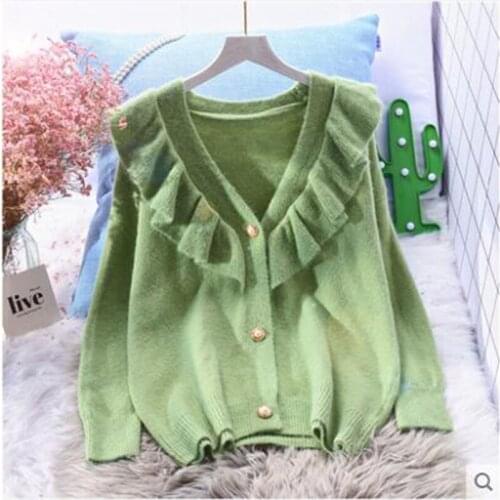 Loose Crazy Style Cardigans V Neck Ruffles Single Breasted Long Sleeve Sweater Pull Femme Coat Green Knit Autumn