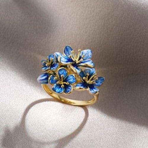 2020 New Arrival High quality Gorgeous Blue Color Enamel Flower Ring For Woman Fashion Trendy Engagement Wedding Jewelry Gifts